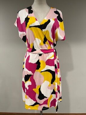 Nine West Abstract V-Neck Fake Wrap Dress in Pink, Yellow & Black size large